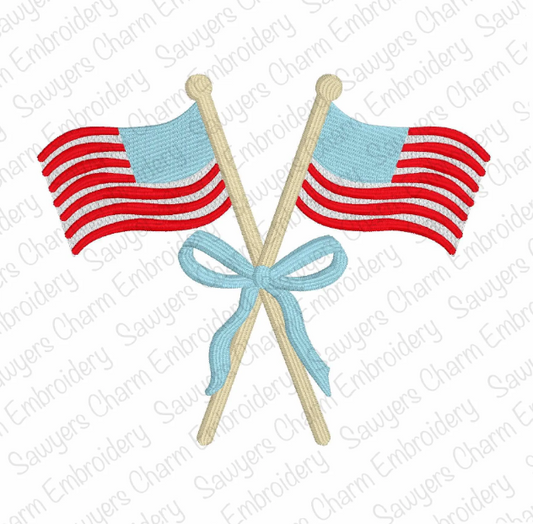 Crossed American flags with coquette bow, satin stitch machine embroidery design file, quick stitch, 4th of July, patriotic, stars & stripes