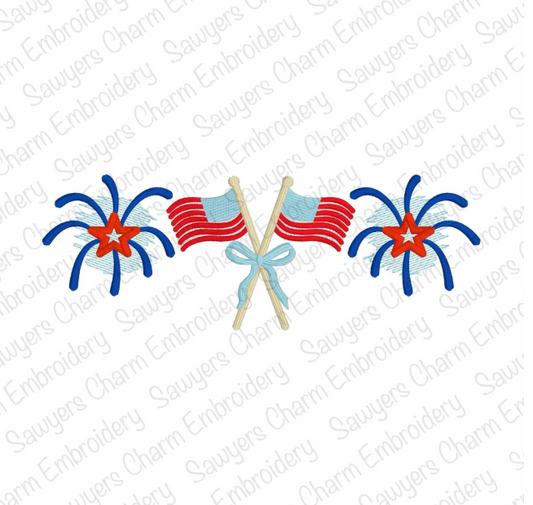 Crossed American flags with coquette bow & fireworks trio satin stitch machine embroidery design, 4th of July, patriotic, stars/stripes