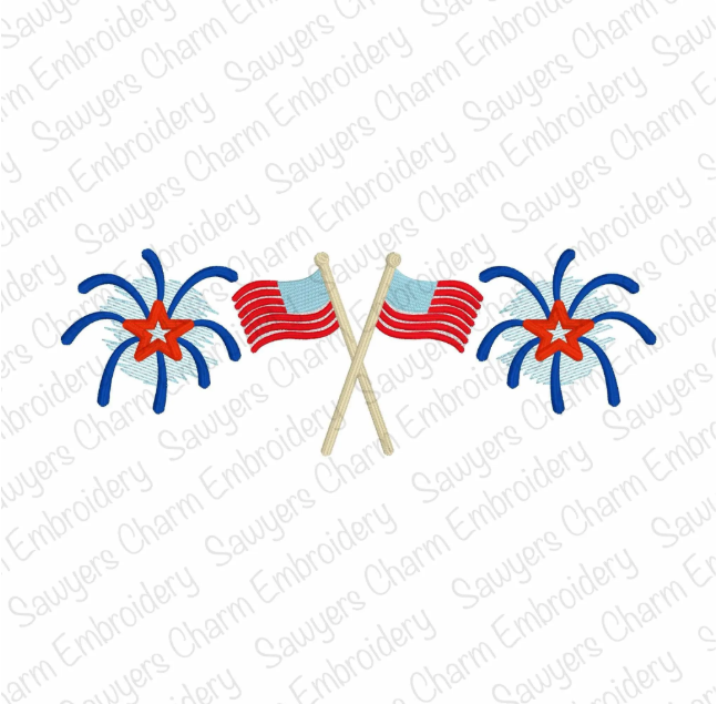 Crossed American flags with fireworks trio, satin stitch machine embroidery design, 4th of July, patriotic, stars & stripes, summer time