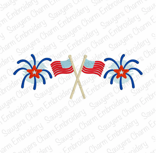 Crossed American flags with fireworks trio, satin stitch machine embroidery design, 4th of July, patriotic, stars & stripes, summer time