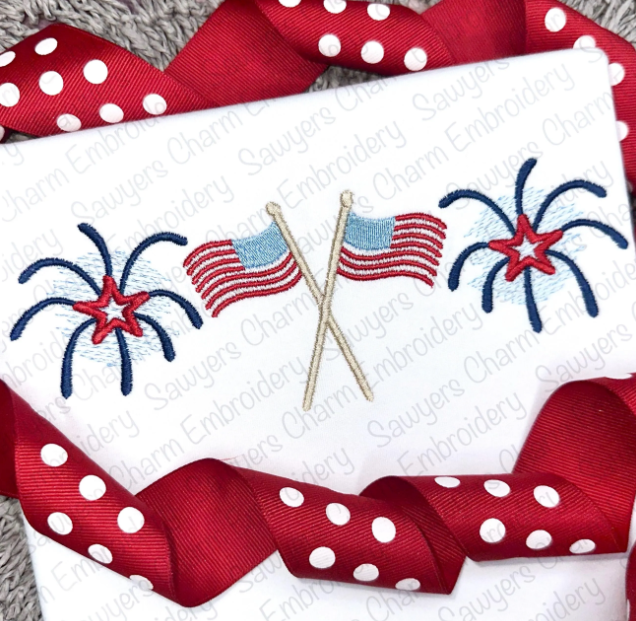 Crossed American flags with fireworks trio, satin stitch machine embroidery design, 4th of July, patriotic, stars & stripes, summer time