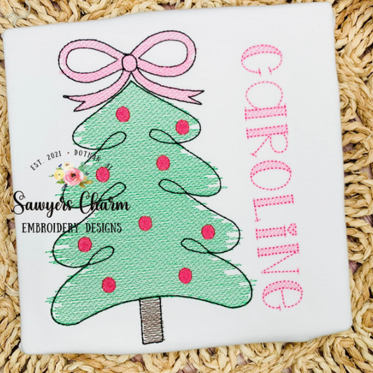 Christmas tree with coquette bow, scribble sketch stitch machine embroidery design file, quick stitch, holidays boho/woodland watercolor