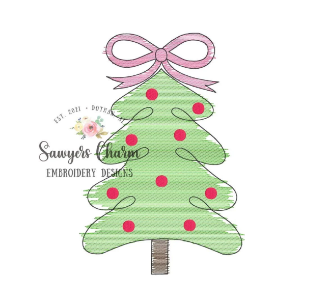 Christmas tree with coquette bow, scribble sketch stitch machine embroidery design file, quick stitch, holidays boho/woodland watercolor