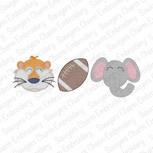 Embroidered designs of a raccoon face, football, and elephant head on a white background with 'Sauyer's Charm Embroidery' watermark.