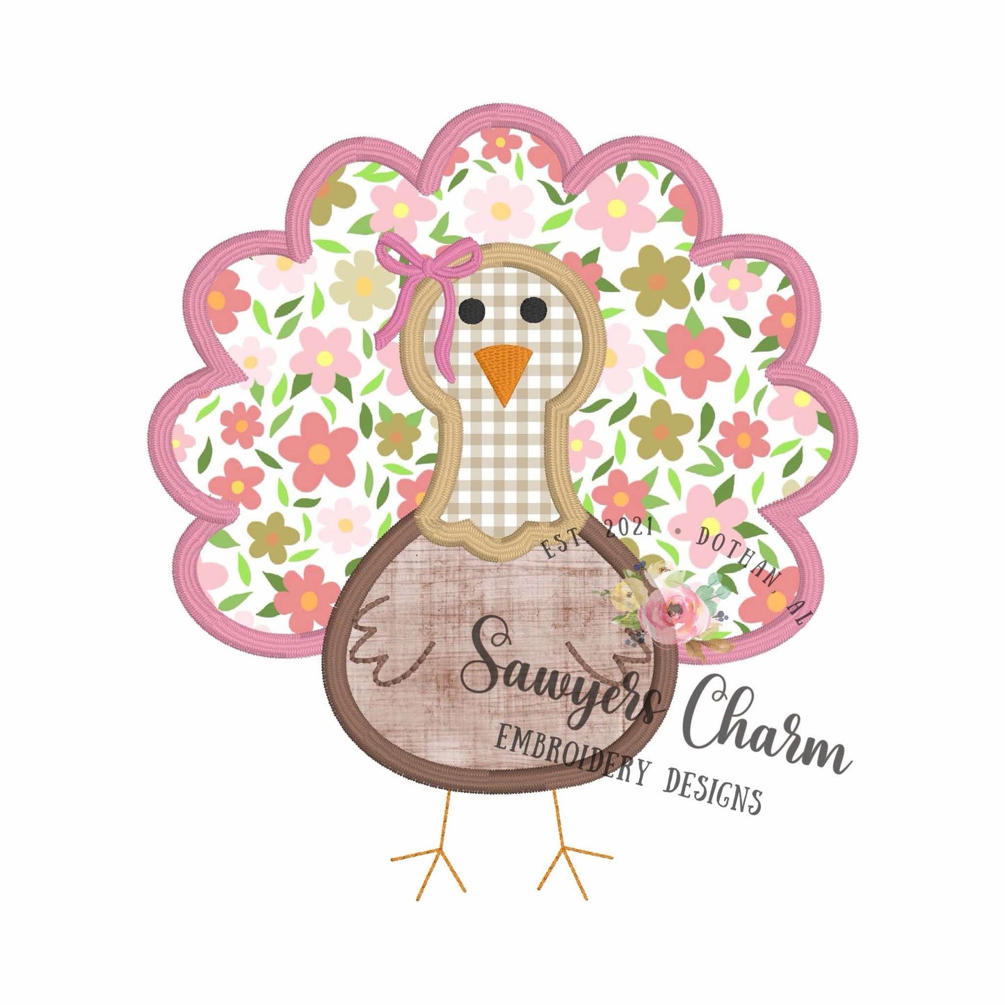Decorative turkey design with floral pattern and 'Sawyer's Charm Embroidery Designs' branding on a white background.