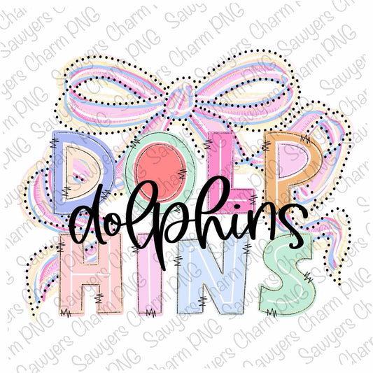 PNG Trendy Coquette Pastel bow DOLPHINS Printable file, Sublimation/Heat Transfer Design/Digital Clipart, polka dots, football season mascot