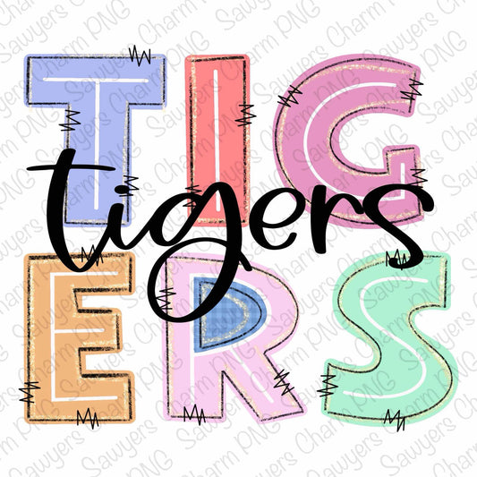 PNG Trendy Pastel TIGERS Printable file, Sublimation/Heat Transfer Design/Digital Clipart, Tiger, gingham, football season, sports mascot