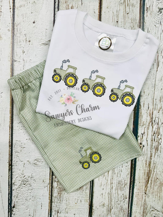 Tractor with smoke trio sketch stitch machine embroidery design file, quick stitch, spring harvest, farm, farmer, field