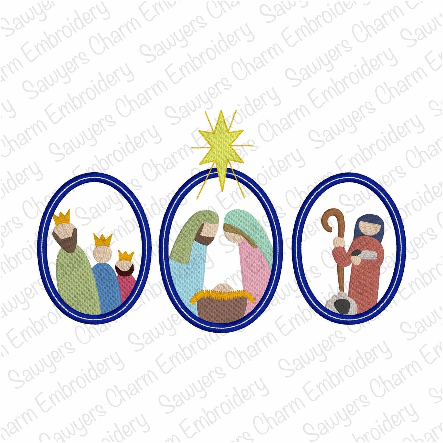 Nativity scene with Bethlehem star oval frame trio, fill stitch machine embroidery design, holidays, Merry Christmas, Baby Jesus, wisemen