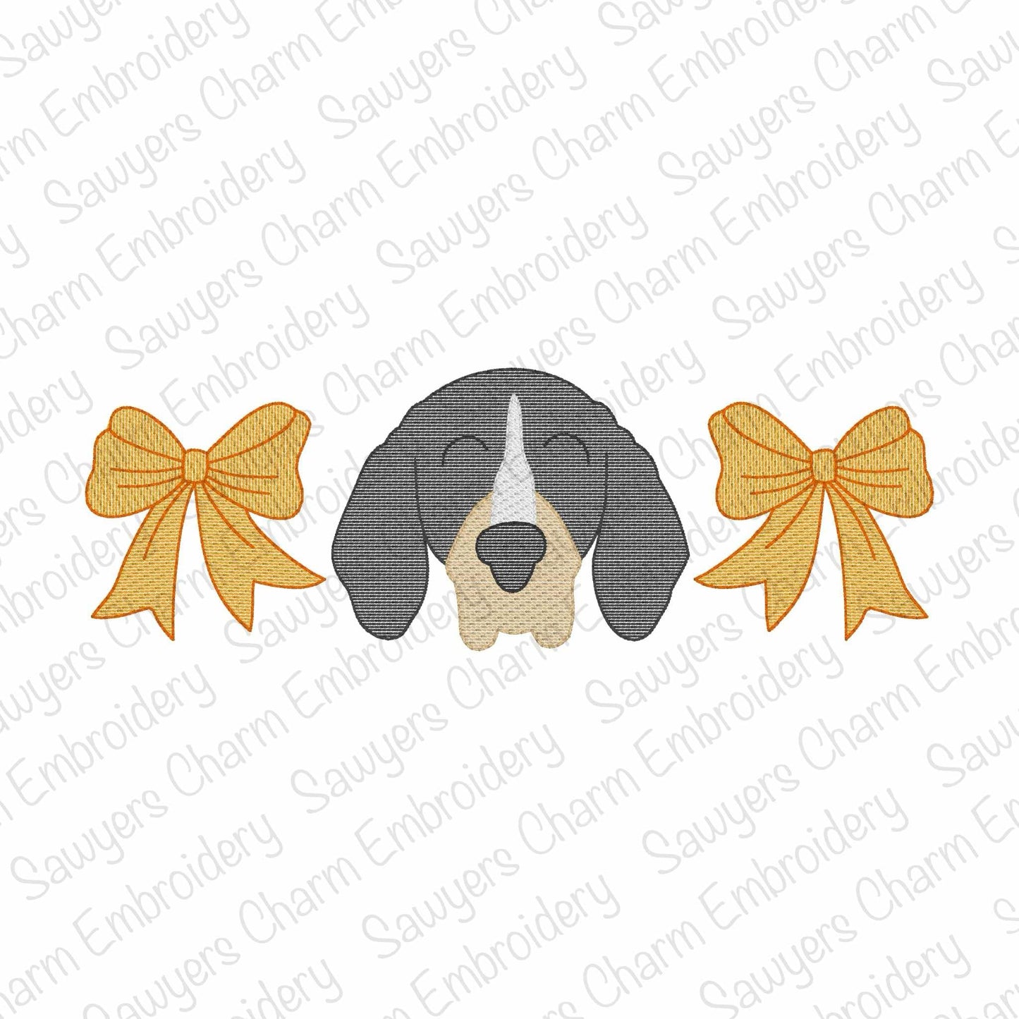 Coquette bows hound dog mascot sketch stitch trio, machine embroidery design, quick stitch, football fan, cheerleading fan, dance, ribbons