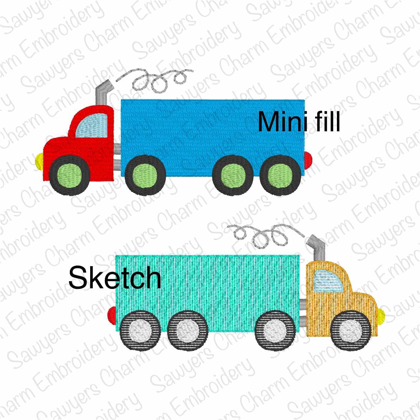 BUNDLE mini fill & sketch stitch semi big truck, machine embroidery design, quick stitch, construction vehicle, bean stitch, city truck