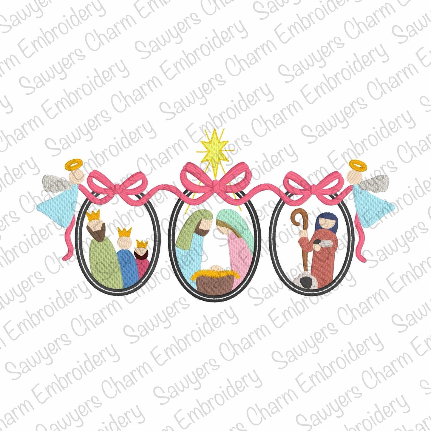 Trendy coquette bows nativity scene, oval frame trio, fill stitch machine embroidery design, holidays, Merry Christmas, Baby Jesus, wisemen