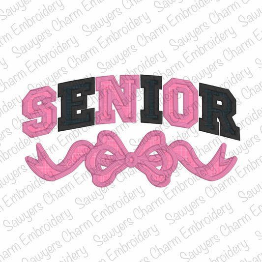 SENIOR with coquette bow satin stitch machine embroidery design file, graduation day, cap and gown, athletic style letters, large sizes