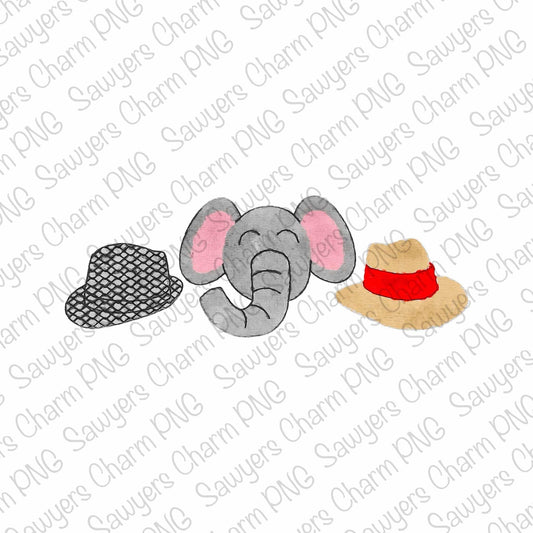 PNG watercolor Elephant mascot, houndstooth hat, straw hat trio Printable file/Sublimation/Heat Transfer Design/Digital, football legends