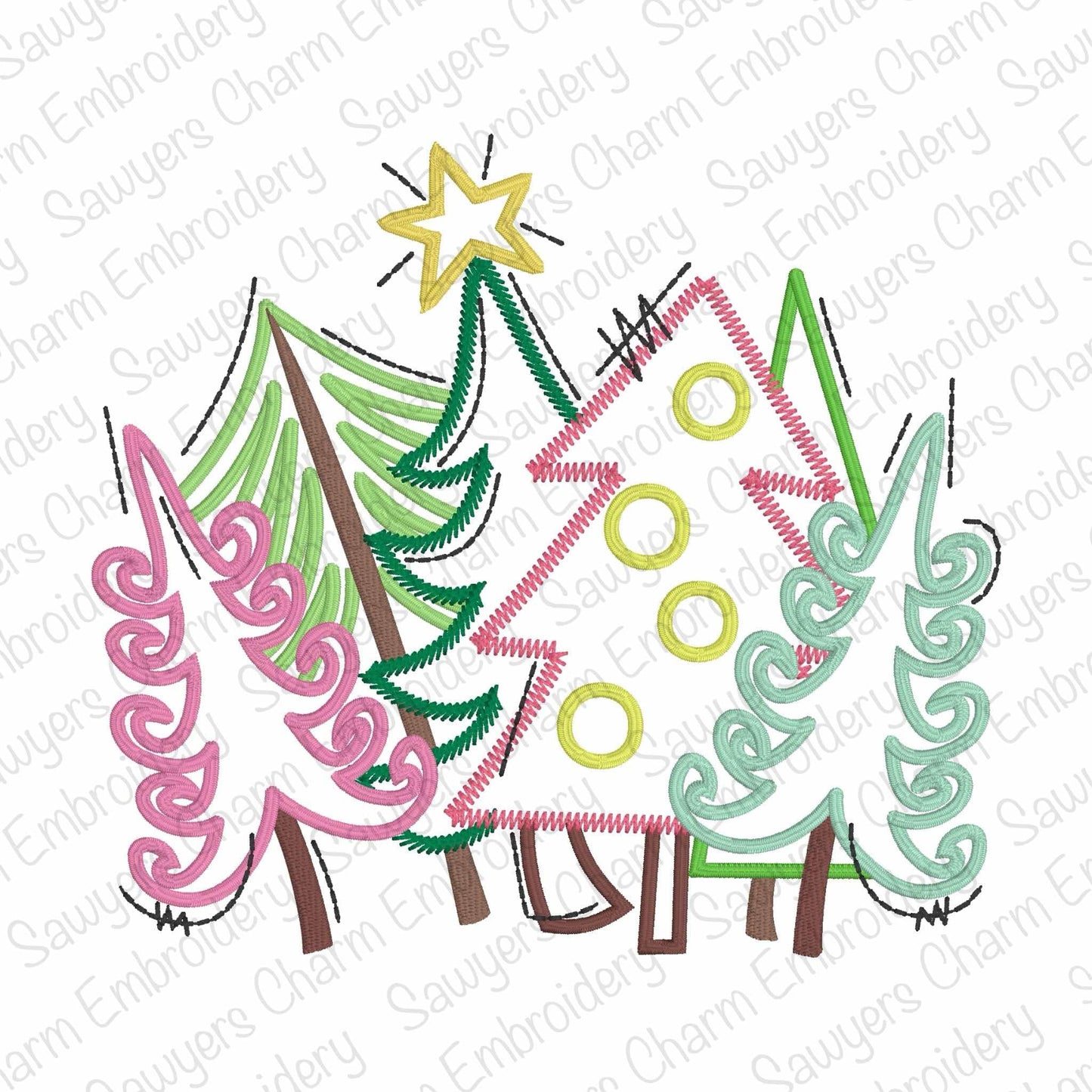 Whimsical, modern, woodland trees with star outline satin/zigzag stitch machine embroidery design, happy holidays, Merry Christmas, coquette