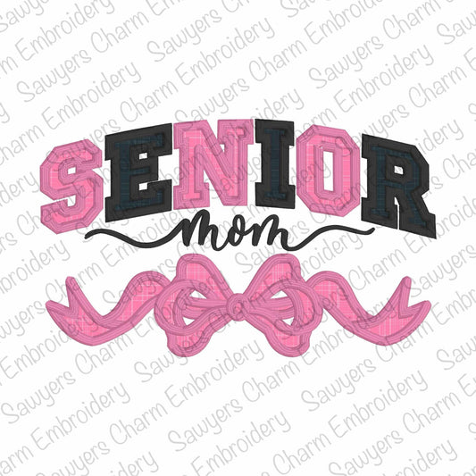 Senior Mom with coquette bow satin stitch machine embroidery design file, graduation, cap and gown, mama, athletic style letters large sizes