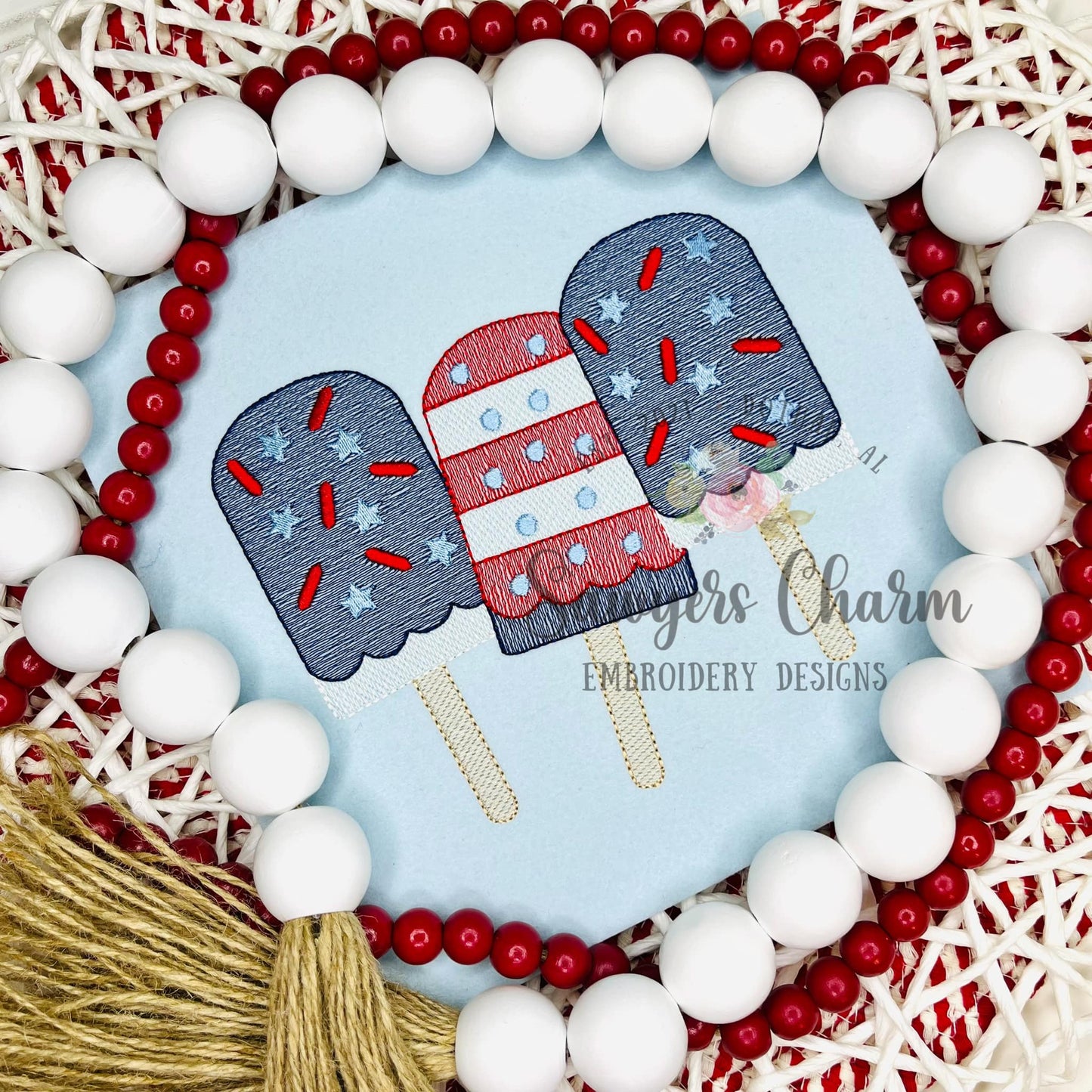 Patriotic popsicles trio with sprinkles sketch machine embroidery design, quick stitch, bean stitch, stars stripes, red white blue, July 4th