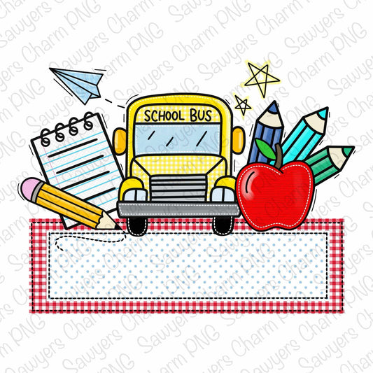 PNG Back to school faux applique Printable file, Sublimation/Heat Transfer Design/Digital Clipart, bus, notepad/pencil, paper airplane apple