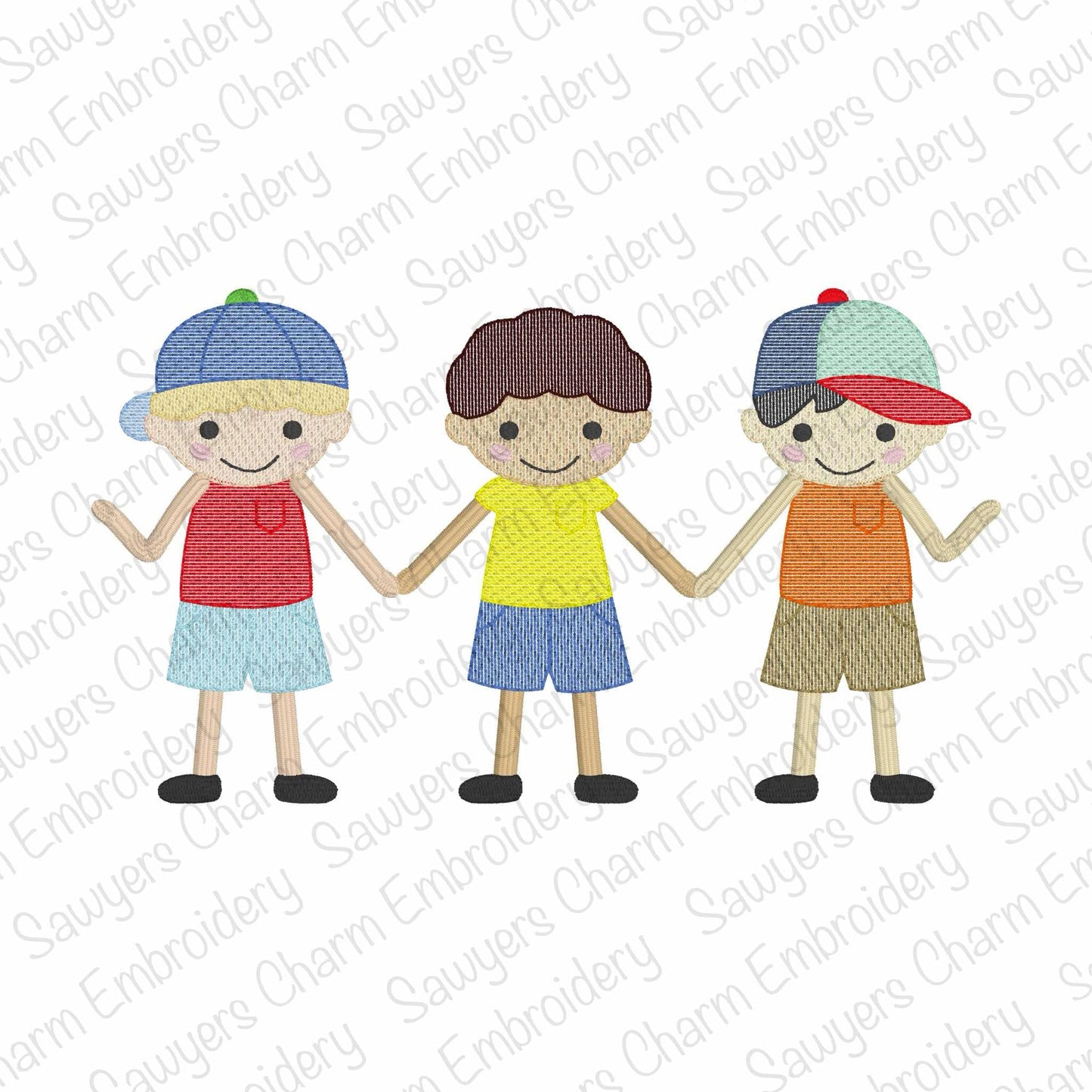 Boy best friends holding hands sketch stitch trio, machine embroidery design, quick stitch, dresses, baseball cap/hat, summer, school recess