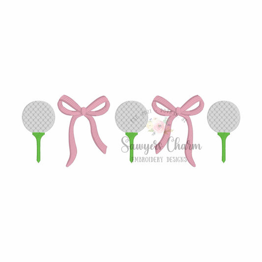 Trendy Coquette Bows & golf ball on tee fill stitch, machine embroidery design, Larger sizes included, perfect for sports fan/mom, cheer