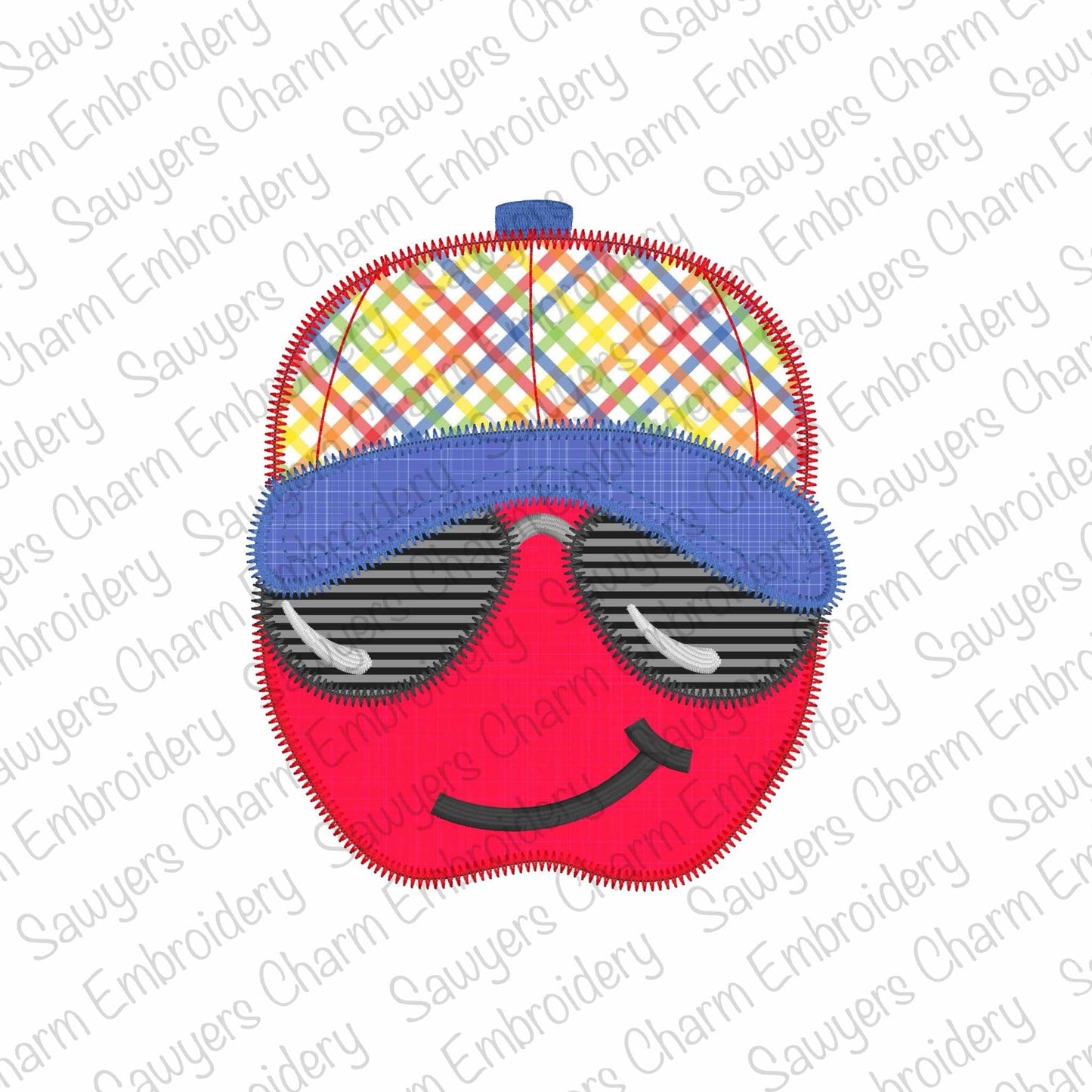 BUNDLE Apple with sunglasses and ballcap/hat zigzag & bean stitch applique, machine embroidery design, back to school, shades, quick stitch