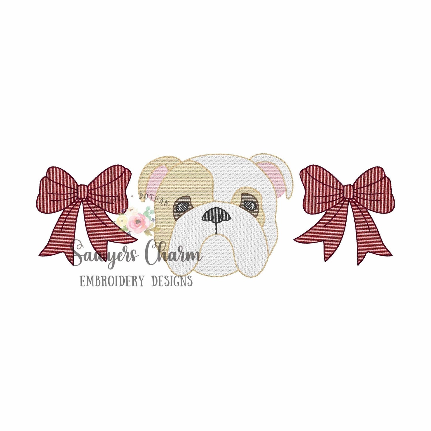 Coquette bows & two color bulldog trio, sketch stitch machine embroidery design, college university, football cheerleader, sports fan