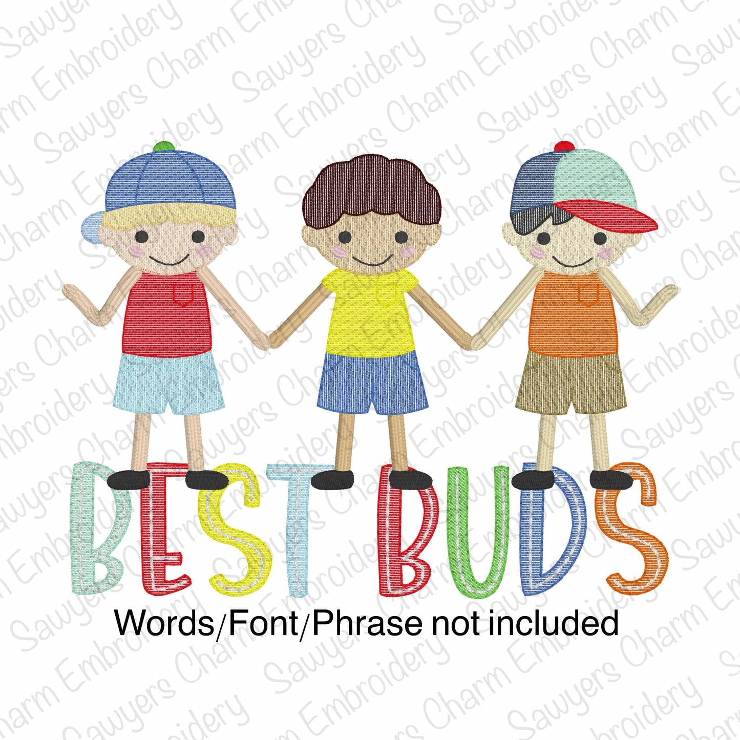 Boy best friends holding hands sketch stitch trio, machine embroidery design, quick stitch, dresses, baseball cap/hat, summer, school recess