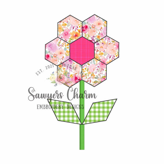 Quilt style hexagon flower bean stitch applique, machine embroidery design, grandmother's flower garden