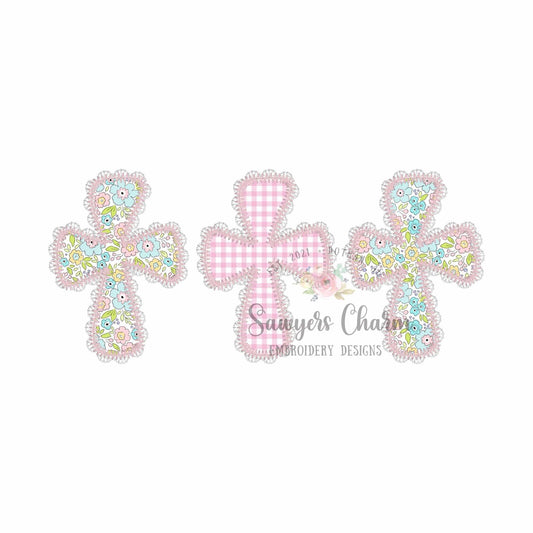 Lace cross trio machine applique embroidery design, Zig zag stitch, large sizes included, Easter Sunday