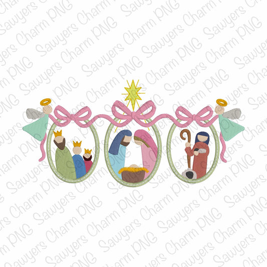 PNG faux embroidery Nativity trio & coquette bow Printable file, Sublimation, Heat Transfer Design Digital Clipart, Christmas Baby Jesus