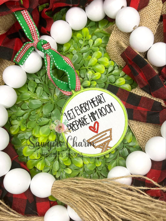 ITH Let Every Heart Prepare Him Room manger with heart Christmas ornament, satin stitch machine embroidery design, happy holidays, Merry Christmas, Baby Jesus