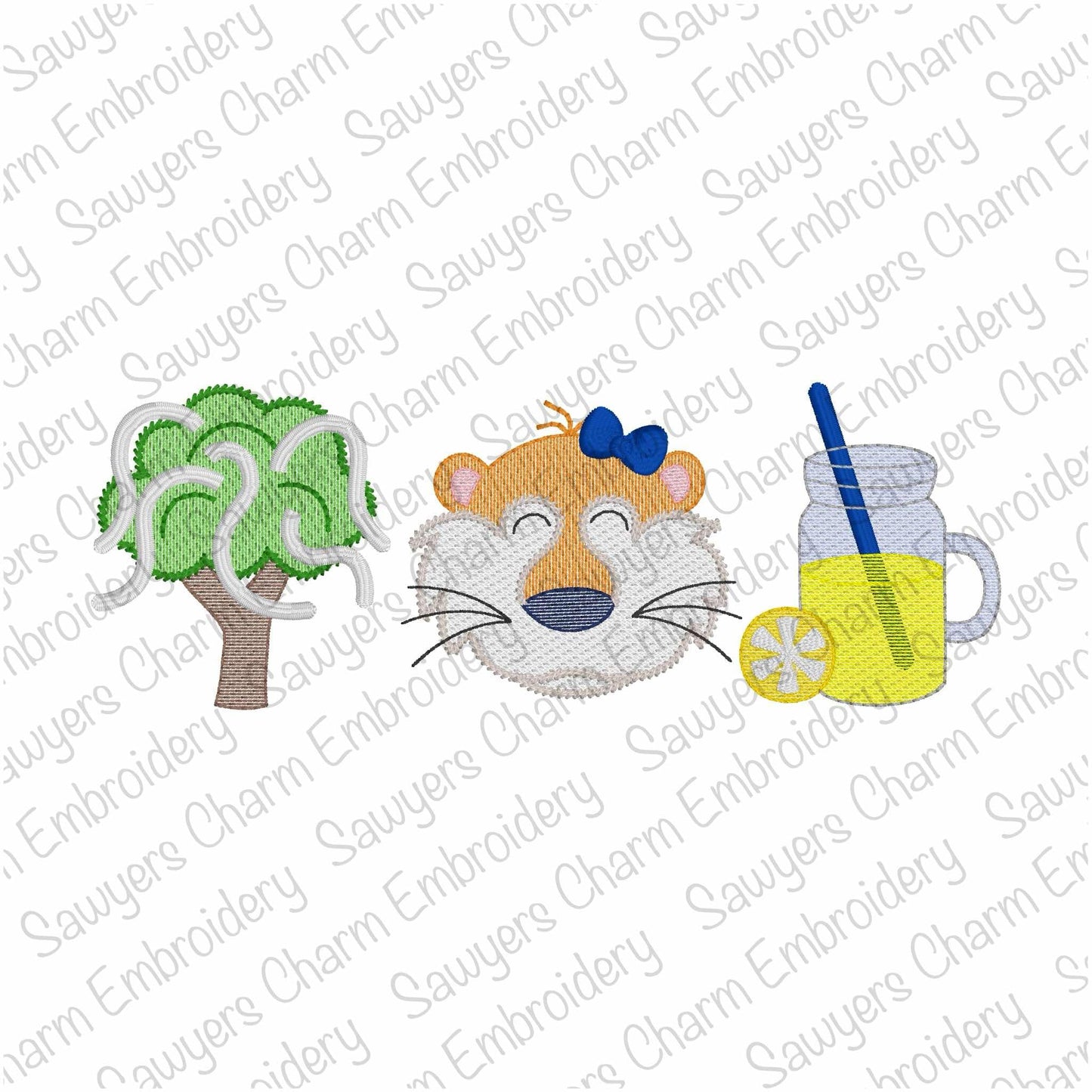 BUNDLE Tiger mascot, rolled tree, lemonade trio, with/without bow, sketch stitch machine embroidery design file, fall sports, quick stitch