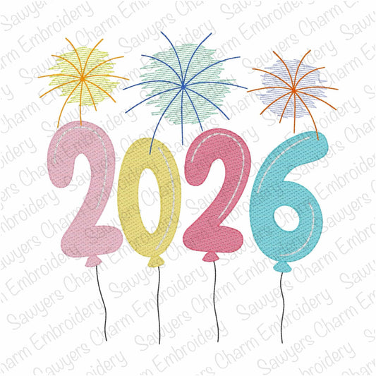 2026 Balloons with fireworks sketch stitch machine embroidery design file, quick stitch, happy holidays, Happy New Year, celebration, party