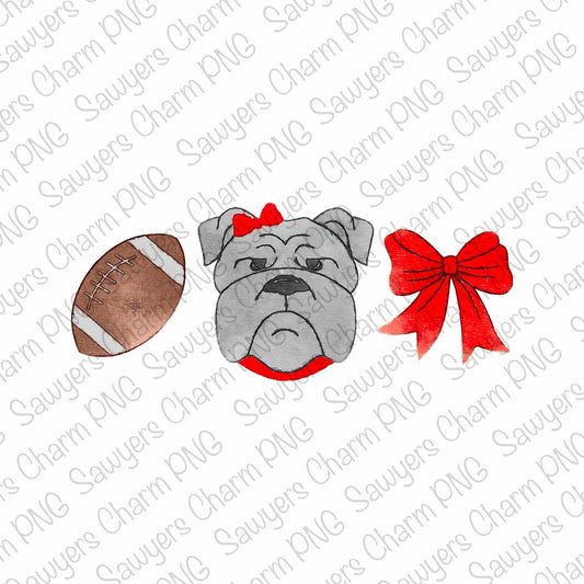 PNG watercolor Football bulldog mascot coquette bow trio Printable file/Sublimation/Heat Transfer Design/Digital Clipart, cheerleading fan