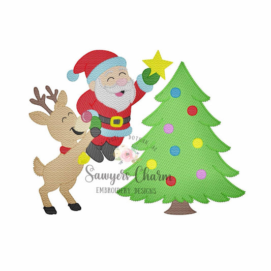 Rudolph helping Santa put star on Christmas tree sketch stitch machine embroidery design, happy holidays, Merry Christmas, ornaments