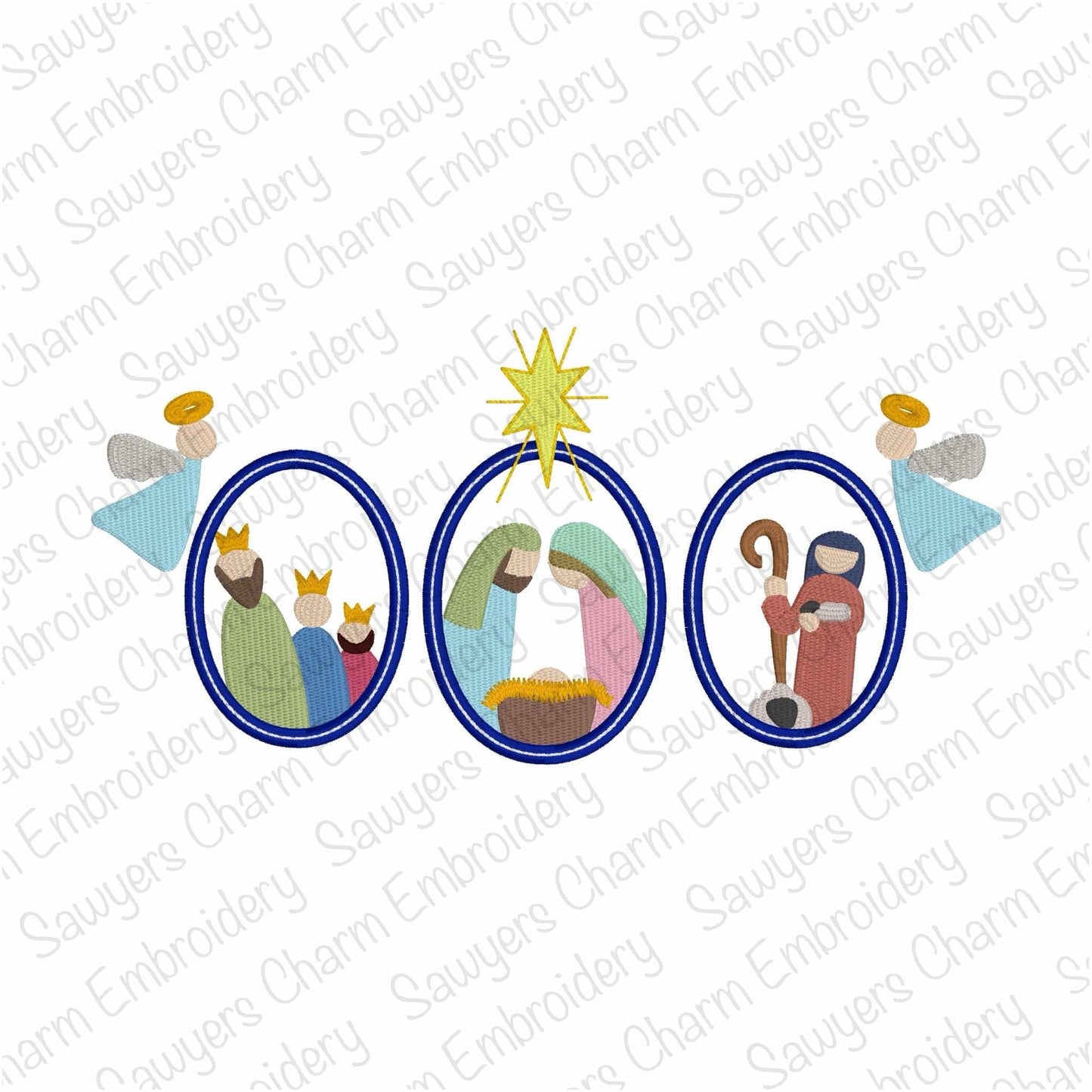 Nativity scene with angels & bethlehem star oval frame trio, fill stitch machine embroidery design, holidays, Christmas, Baby Jesus, wisemen