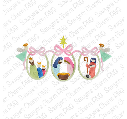 PNG watercolor Nativity trio & coquette bows, Printable file/Sublimation/Heat Transfer Design/Digital Clipart, Christmas Baby Jesus, angel