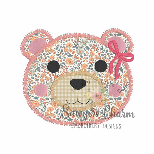 BUNDLE Teddy bear face zig zag stitch machine applique embroidery design file, includes coquette bow, baby boy/girl, quick stitch