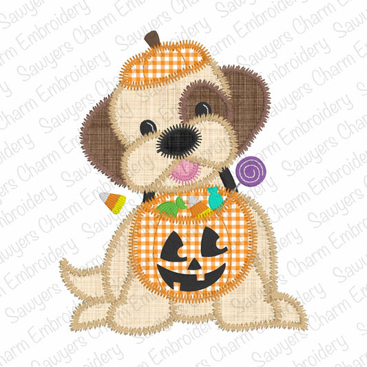 BUNDLE Halloween dog with jackolantern candy bucket zigzag stitch applique, machine embroidery design, fall trick or treating, coquette bow