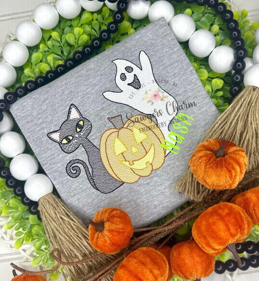BUNDLE Cat, jackolantern, ghost sketch stitch trio machine embroidery design, Halloween, spooky season, quick stitch, fall, includes bow