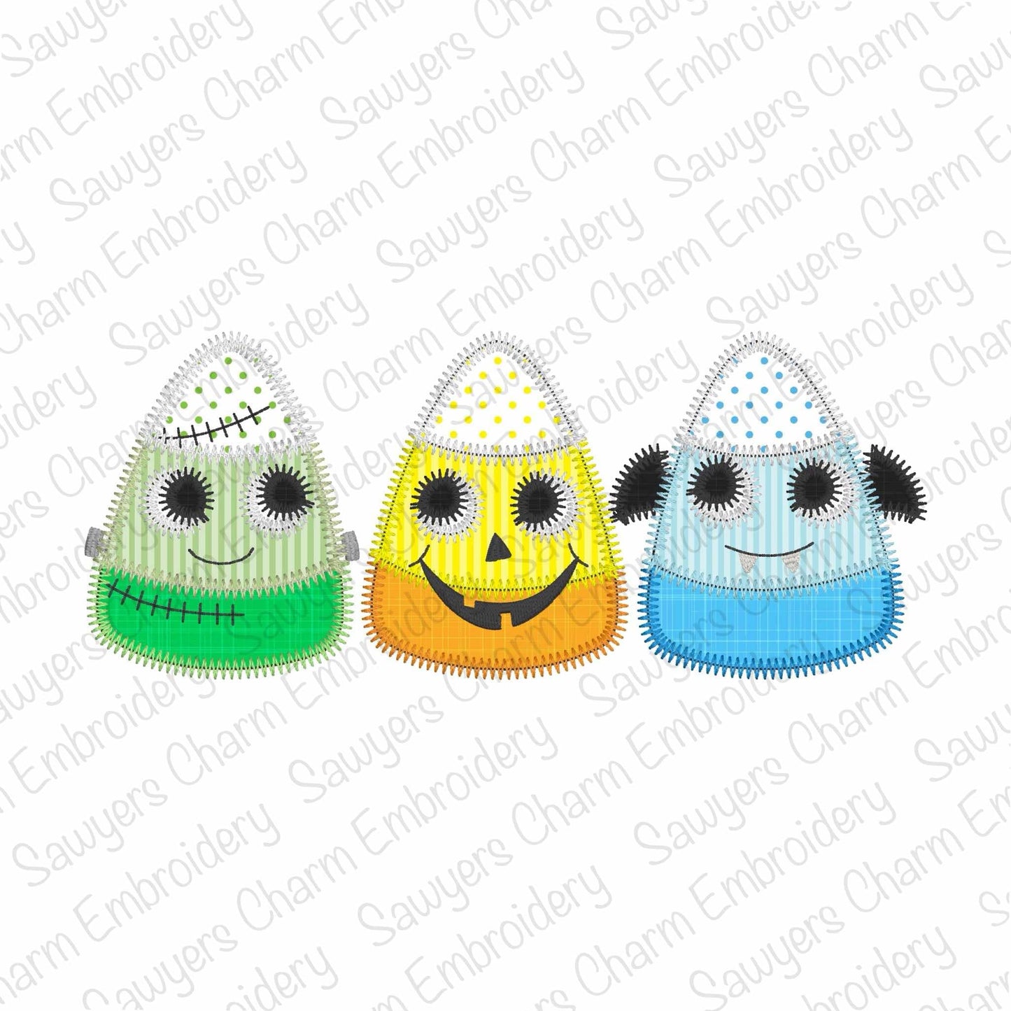BUNDLE Halloween candy corn faces bean & zigzag stitch applique, machine embroidery design, frankenstein, jackolantern, bat, spooky season