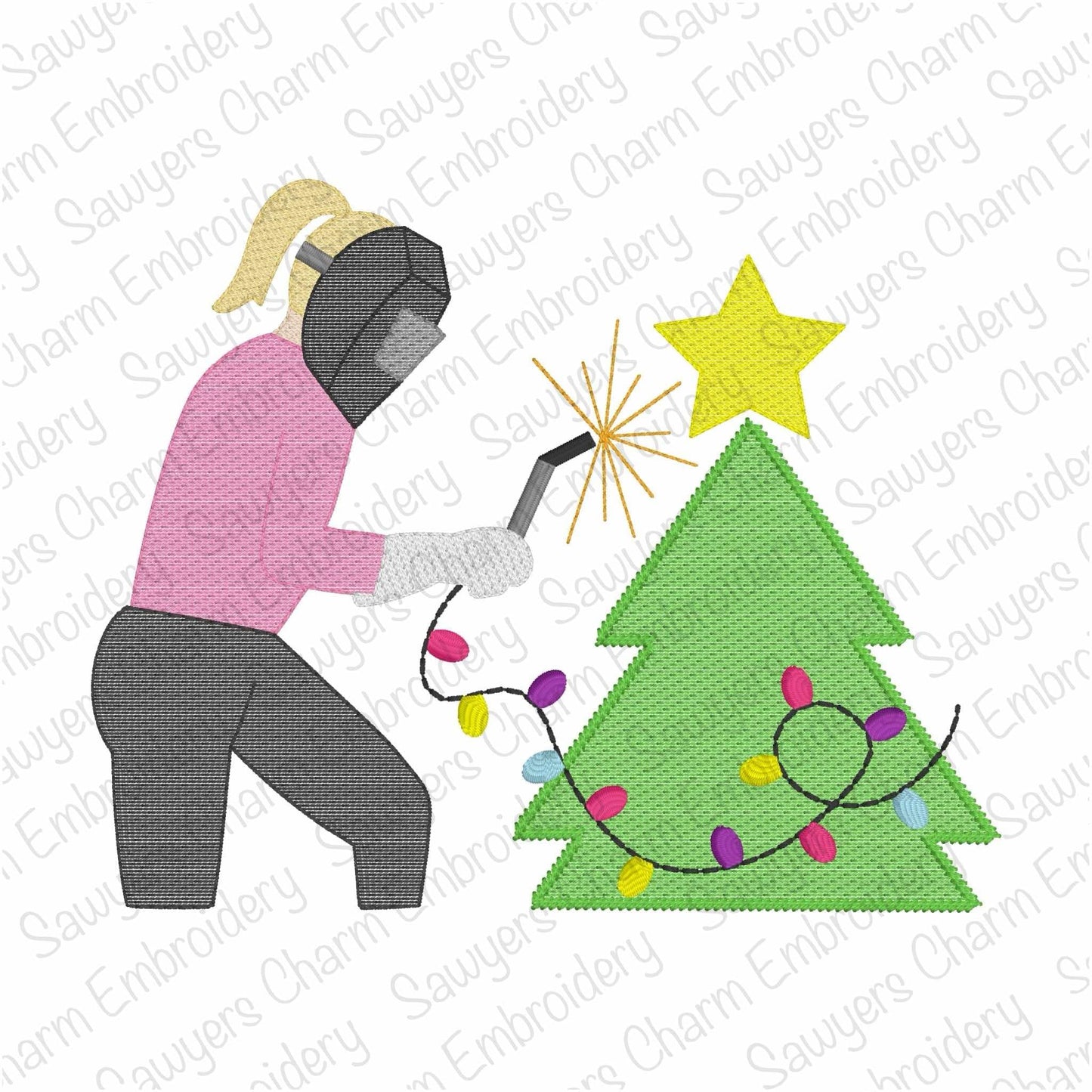 Christmas tree girl welder with star, ponytail & lights sketch stitch machine embroidery design, happy holidays, Merry Christmas, welding