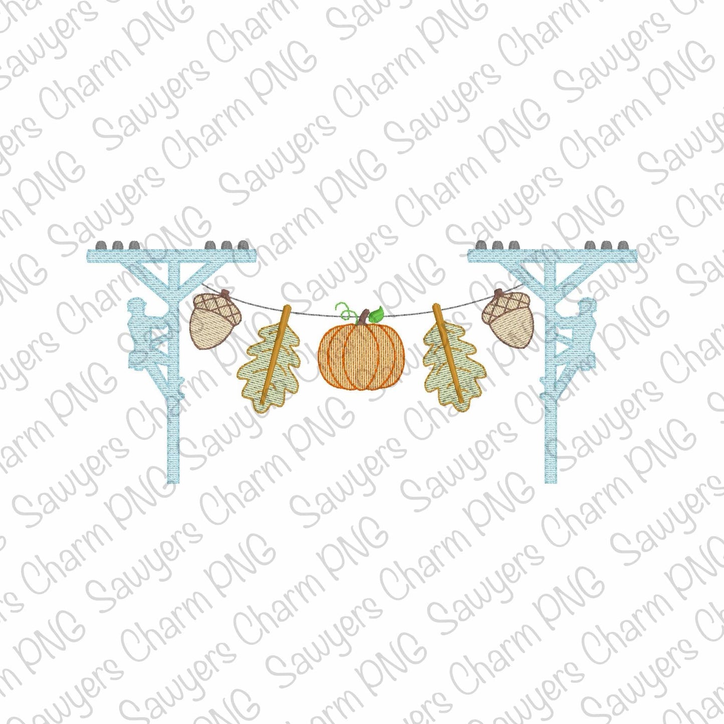 PNG faux embroidery Lineman fall bunting banner, Printable file/Sublimation/Heat Transfer Design/Digital Clipart, pink and blue, acorn, leaf