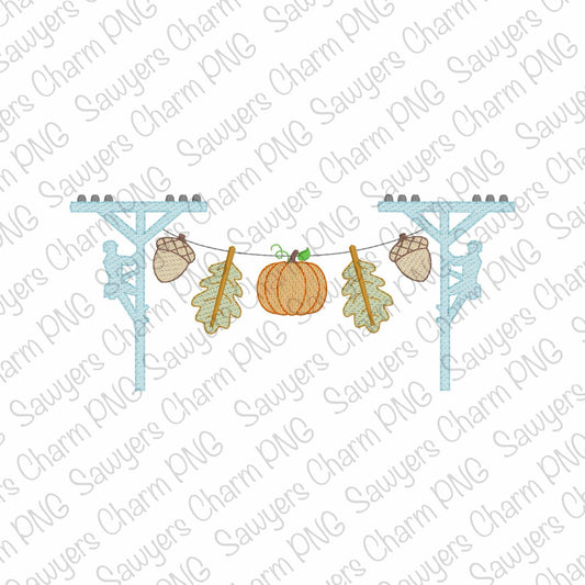 PNG faux embroidery Lineman fall bunting banner, Printable file/Sublimation/Heat Transfer Design/Digital Clipart, pink and blue, acorn, leaf