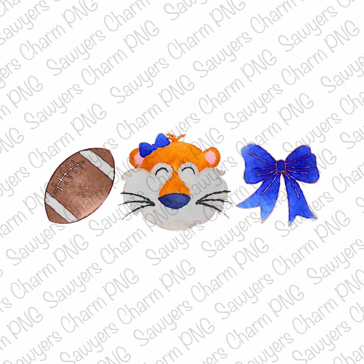 PNG watercolor Tiger mascot football coquette bow trio Printable file/Sublimation/Heat Transfer Design/Digital Clipart, cheerleader