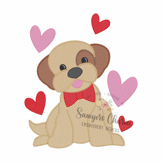 Puppy dog with bow tie & hearts sketch stitch machine embroidery design