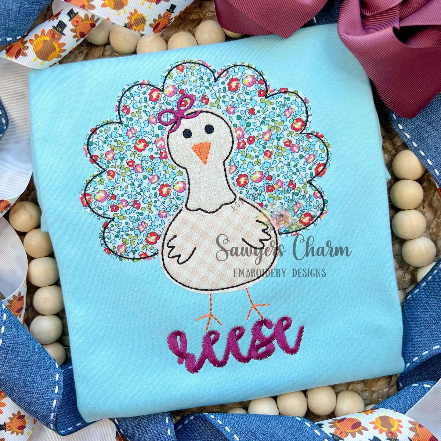 BUNDLE Turkey with & without bow, bean stitch applique embroidery design file, fall, thanksgiving, gobble, quick stitch