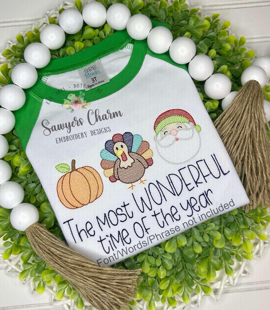 Pumpkin, Turkey, Santa Claus trio sketch stitch, machine embroidery design, Perfect for fall holidays...Christmas, fall, Thanksgiving