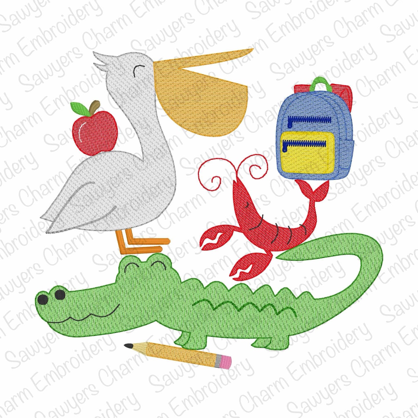 Back to school stacked animals sketch stitch machine embroidery design, quick stitch, alligator, crawfish, pelican, backpack, apple, pencil