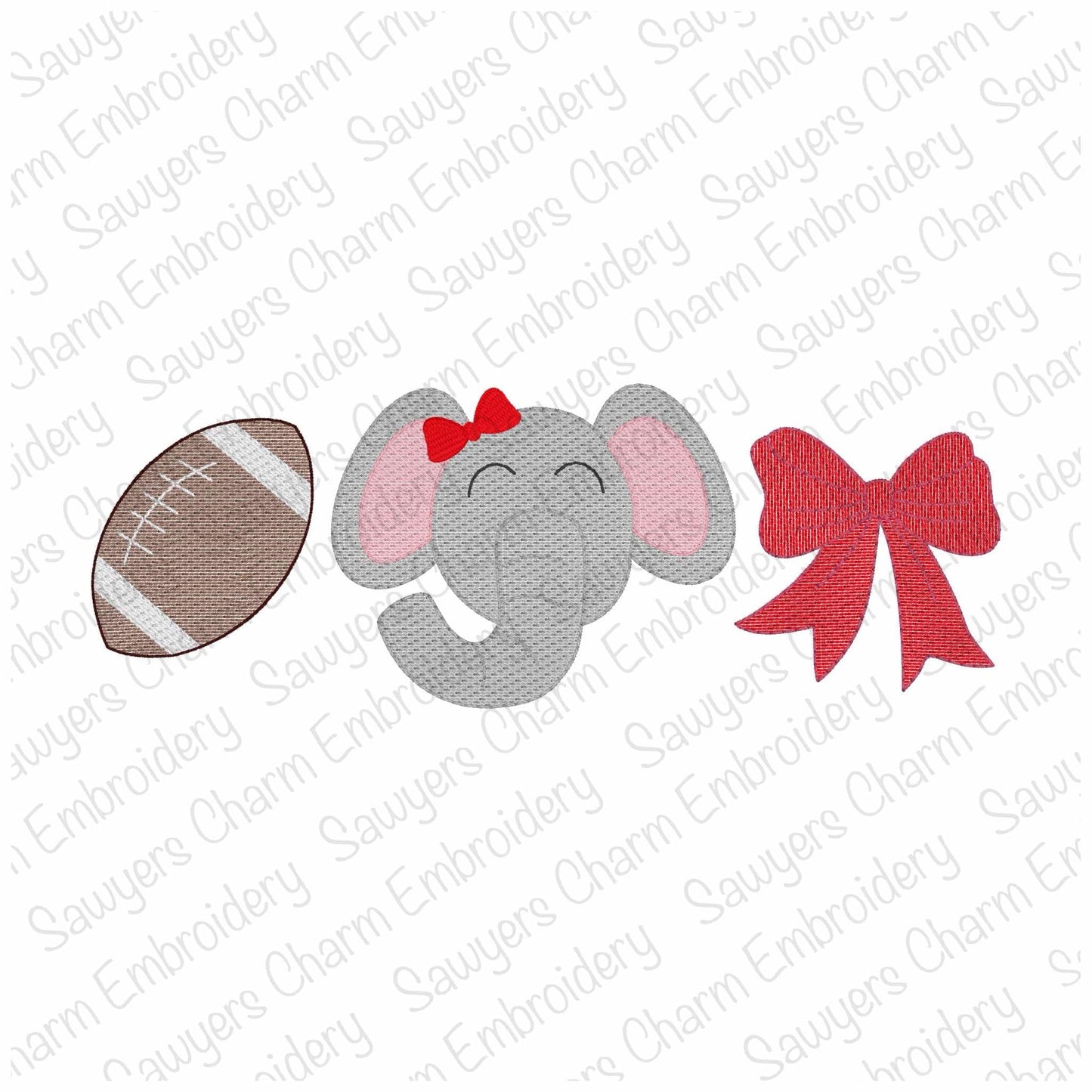 Embroidery design of an elephant with a bow, football, and red bow on a white background.